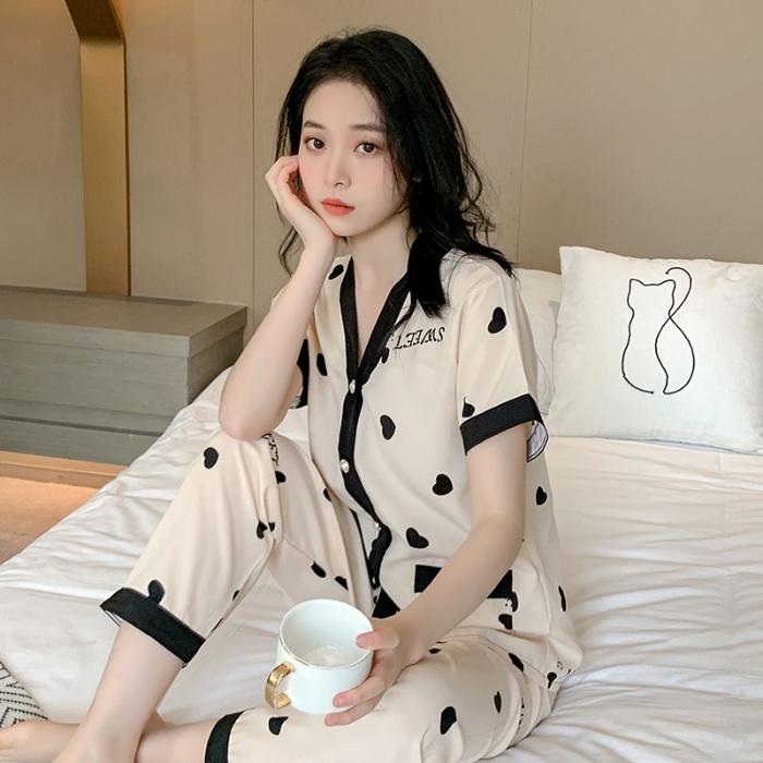 Chic Bow Print Womens Pajama Set Comfortable Short Sleeve V Neck Top and Elastic Waist Pants Luxurious Sleepwear & Loungewear