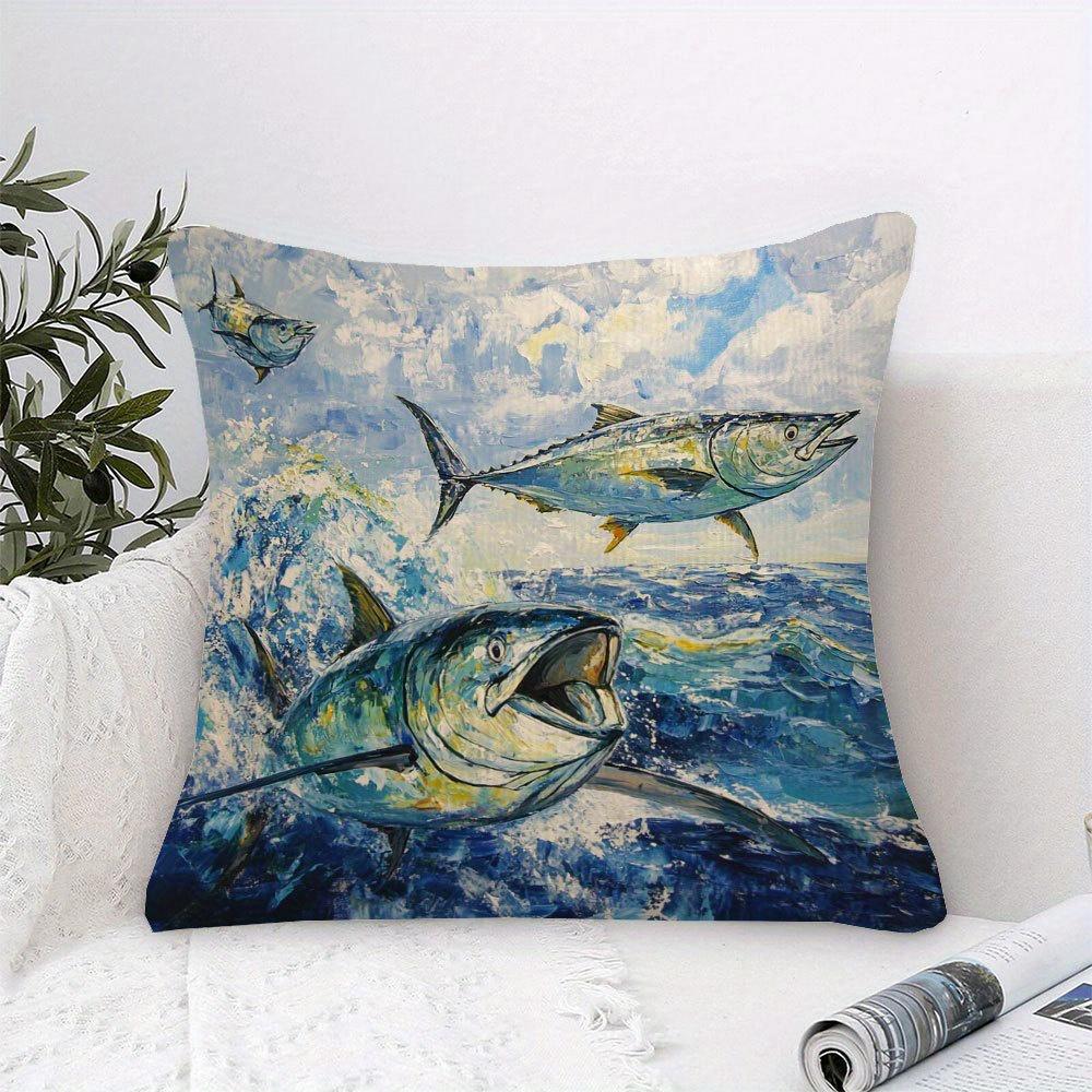 1pc Pillowcase, Tuna and Fishing Themed Pillowcase, Made of Soft and Smooth Polyester Short-pile Fabric with a Single-sided Printed Pattern, Measuring