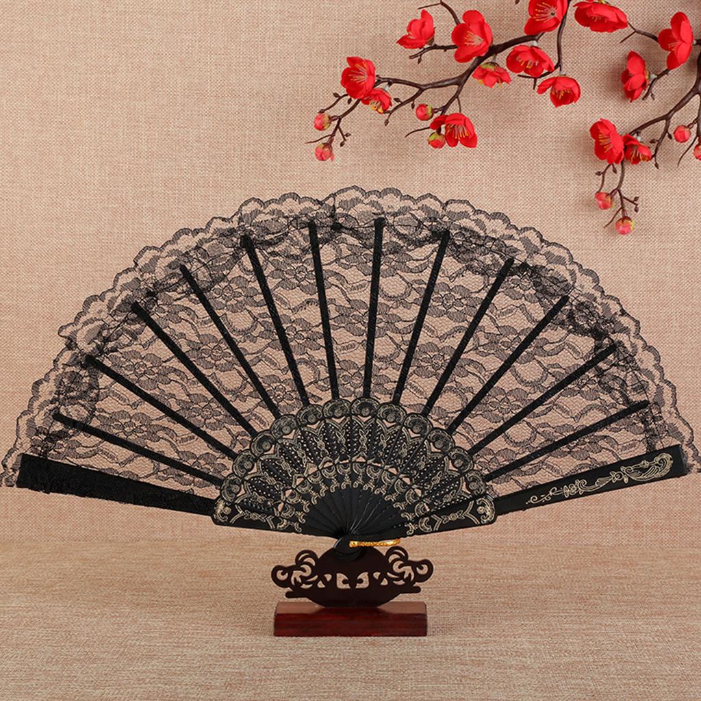 Black Lace Folding Fan Vintage Handheld Fan Women Girls Spanish Lace Fans For Dr