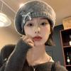 Autumn and Winter Hat Women's Sweet Bow Knitted Beret Velvet Warm Big Head Circumference Fashionable Versatile Painter Hat