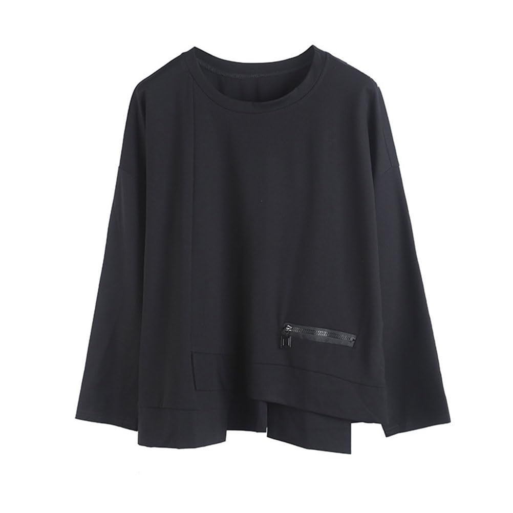 Morino Long Sleeve Asymmetrical Top with Zipper Design and Loose Unique Street Adult Fashion for Spring and Fall Women's Pockets, Fit, Style, (Black)