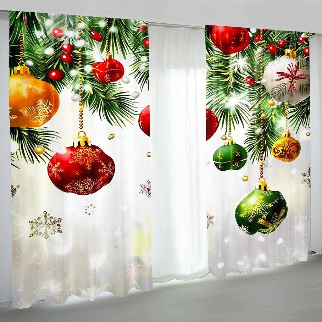 2PCS Merry Christmas Red New Year Gold Ball White Snowflake Light Filtering Curtains for Living Room Bedroom Window Drape Decor