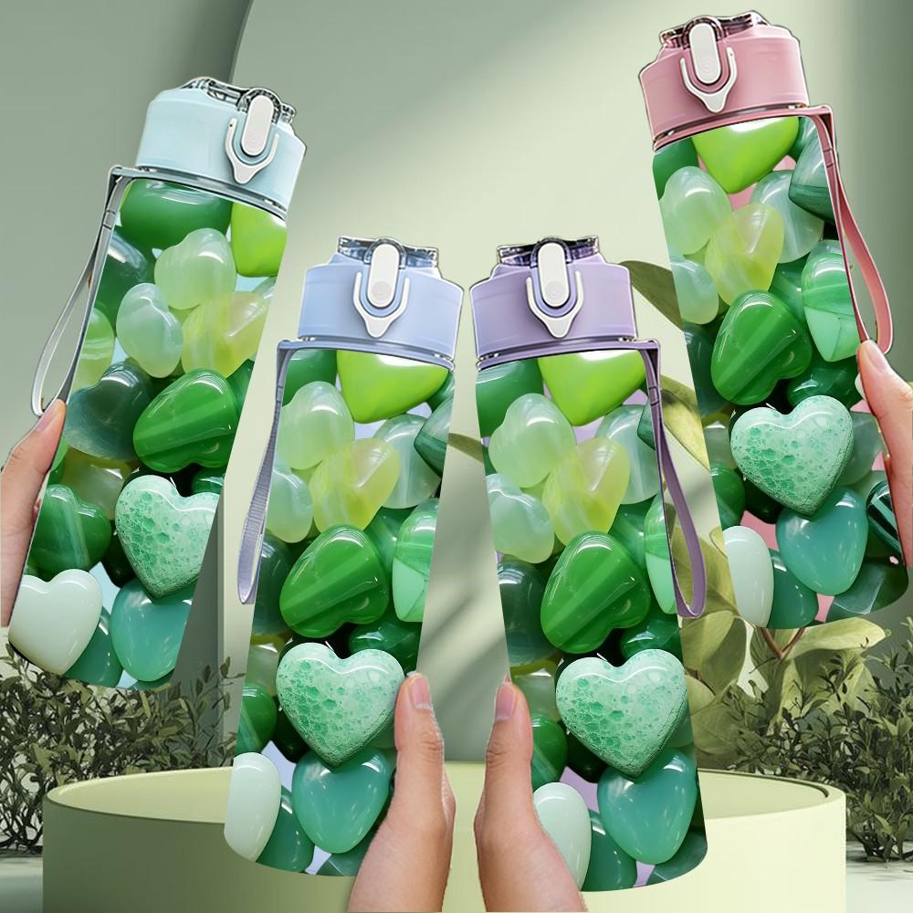1PC Green Crystal Stone Pebble Texture Print 750ml Color Plastic Sports Water Bottle Leakproof Flip Straw Lid Suitable for Sports Office Home Use