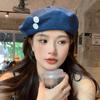 Нишевый дизайн джинсовый берет женский универсальный шляпа художника-бутона с пуговицами большая окружность головы шляпа с изображением маленького лица
