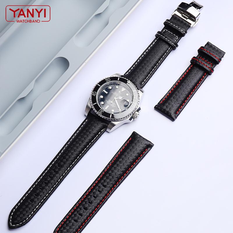 Genuine Leather Bracelet Carbon Fiber Grain Watchband Red Stitching 18mm 20mm 22mm Watch Band Strap Accessories Butterfly Buckle