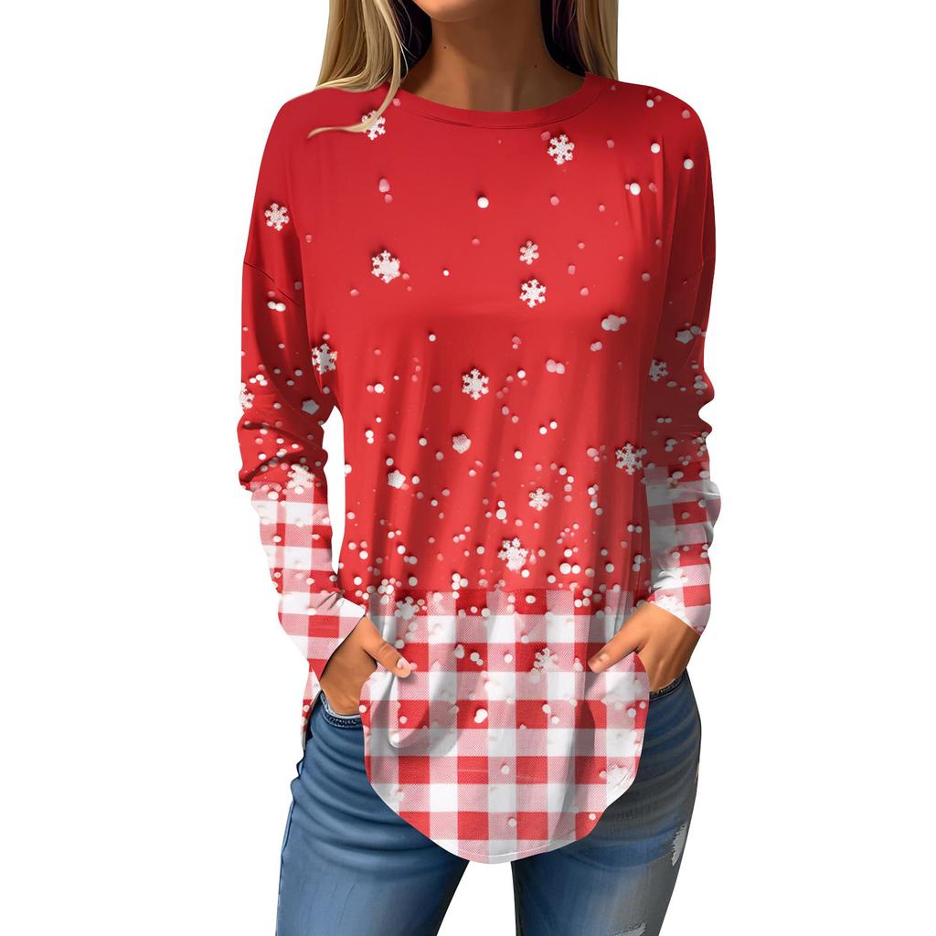 Женская свободная футболка с круглым вырезом и рождественским принтом, длинный рукав, пуловер, толстовка с длинными рукавами
