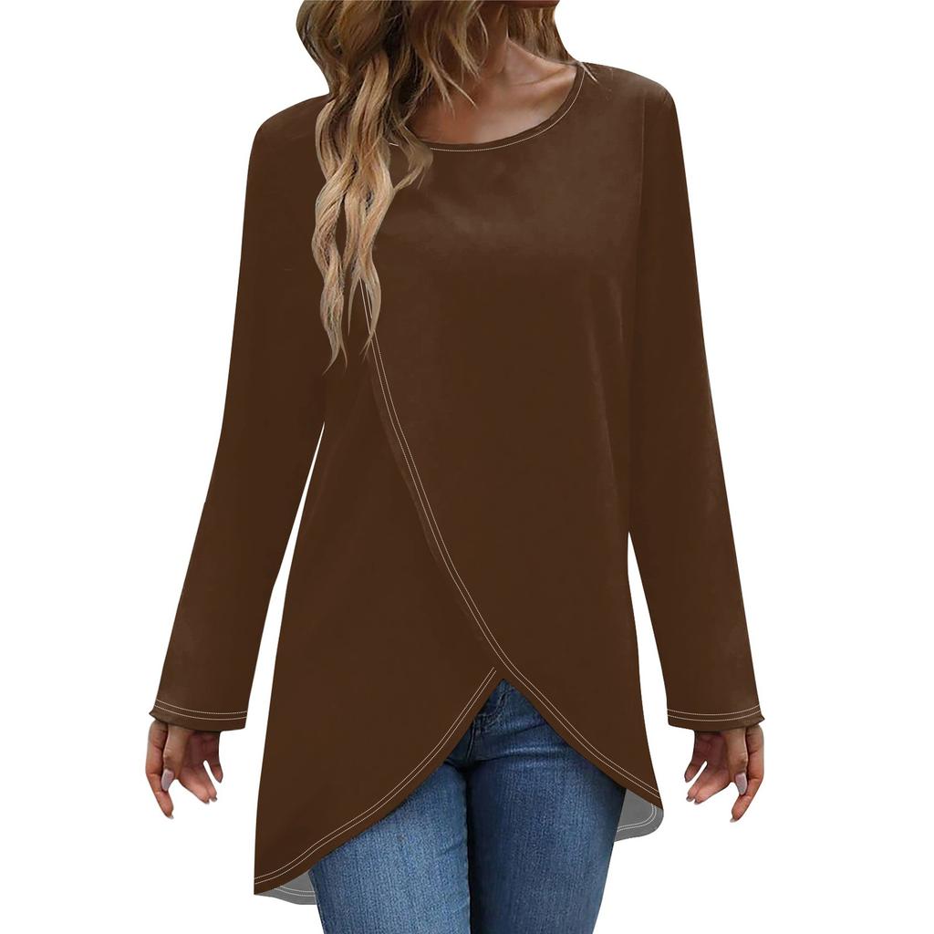 Женская модная повседневная однотонная футболка с длинным рукавом и круглым вырезом с перекрестным подолом, топ