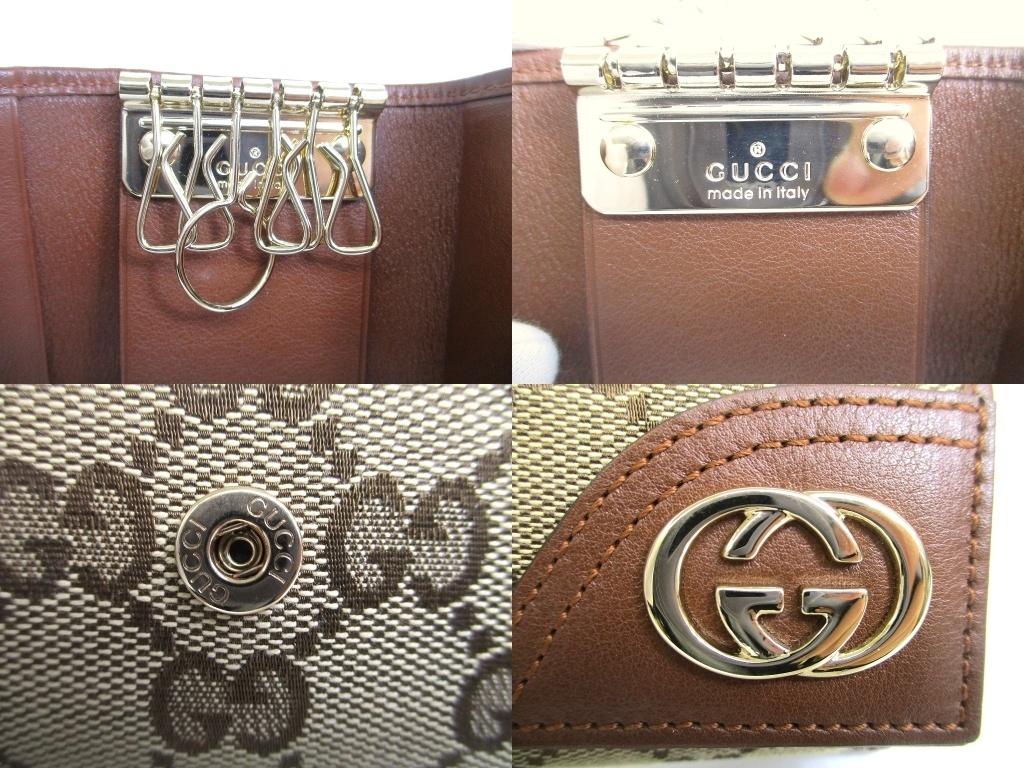 Authentic GUCCI GG Beige Canvas Brown Leather 6 Pics Key Chain #b078  Open box