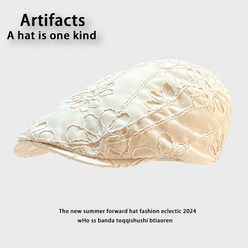 New flower embroidery forward hat children's summer big head circumference beret retro face little painter hat tide