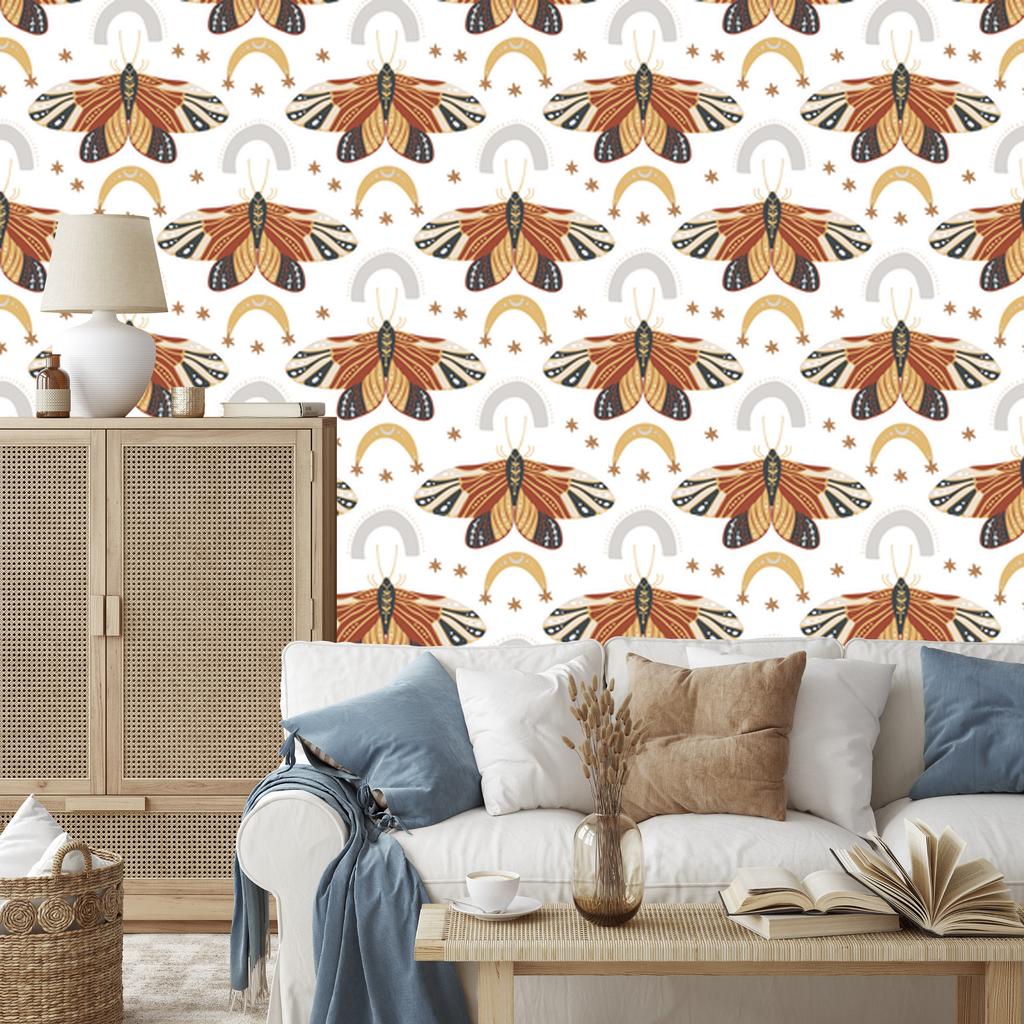 Rainbows and Butterflies Boho Wallpaper Orange, Gold and Light Gray 50x1000