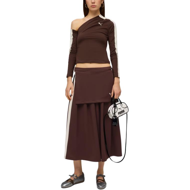 Women's PUMA T7 T-Shirts Women's Chocolates Brown Asymmetrical Collar Moderate
