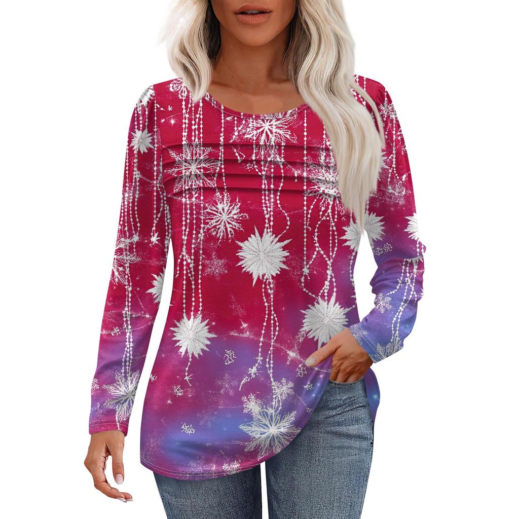 Женская модная повседневная рождественская футболка с круглым вырезом и длинными рукавами