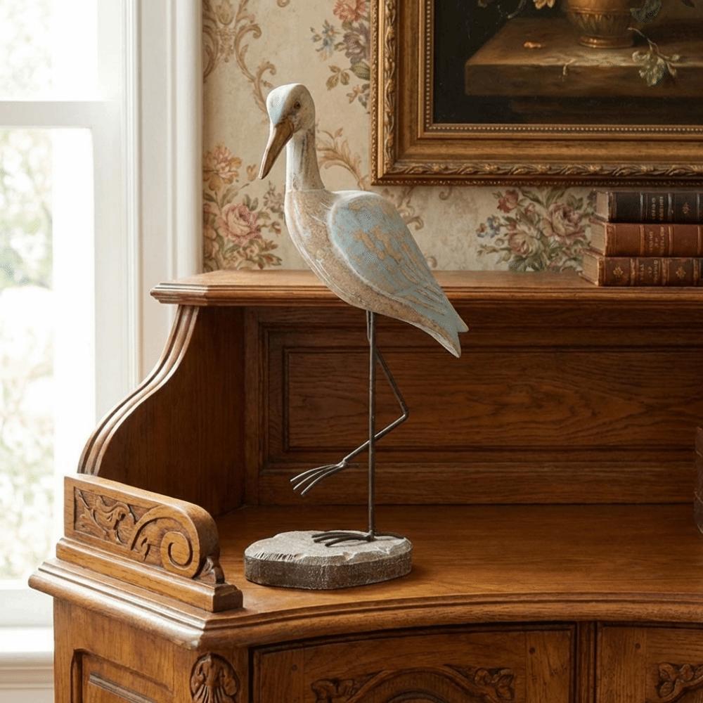 Handcrafted Long-legged Bird Ornament Vintage Wooden Carving Statue  Table Centerpiece