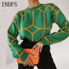 INDFS Women's Fashion Casual Fall Winter Colour Block Print Long Sleeve O-Neck Sweaters
