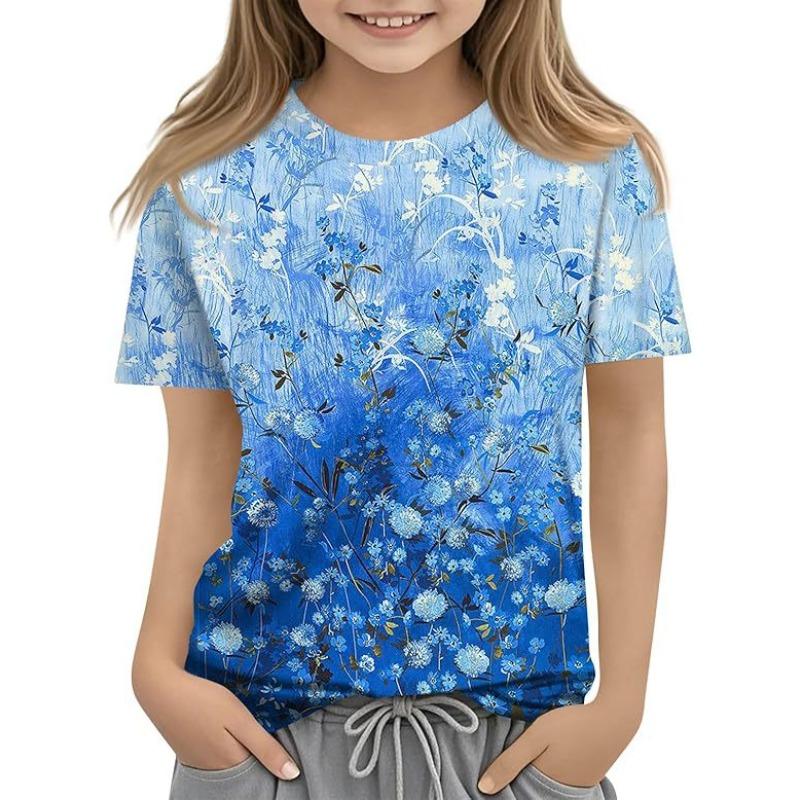 Детская футболка с 3D-принтом, новая повседневная универсальная детская одежда с цветочным 3D-принтом, футболка с короткими рукавами и круглым вырезом