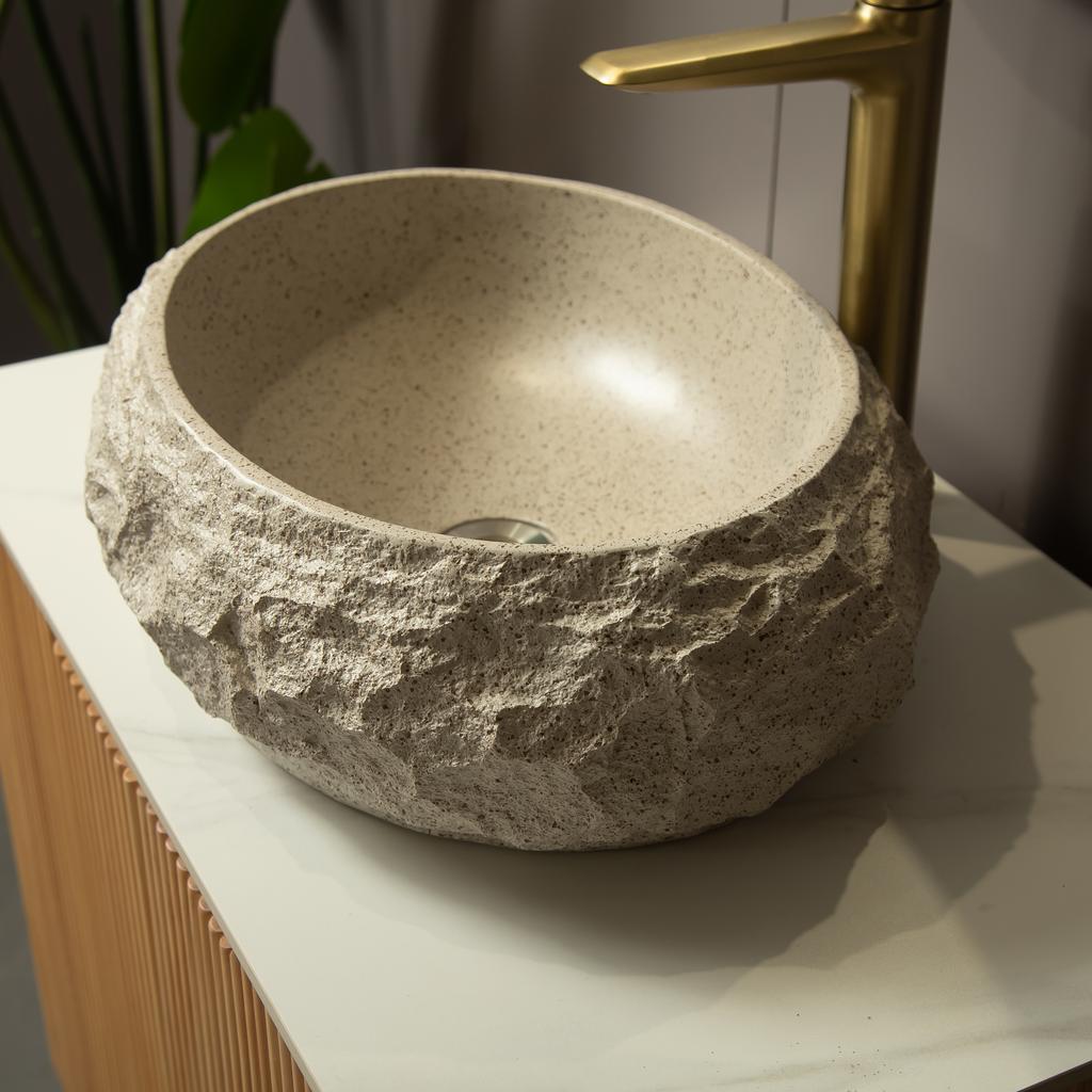 50cm Irregular Oval Resin Basin with Stone Pattern, Artistic Style, Without Faucet, Beige Color