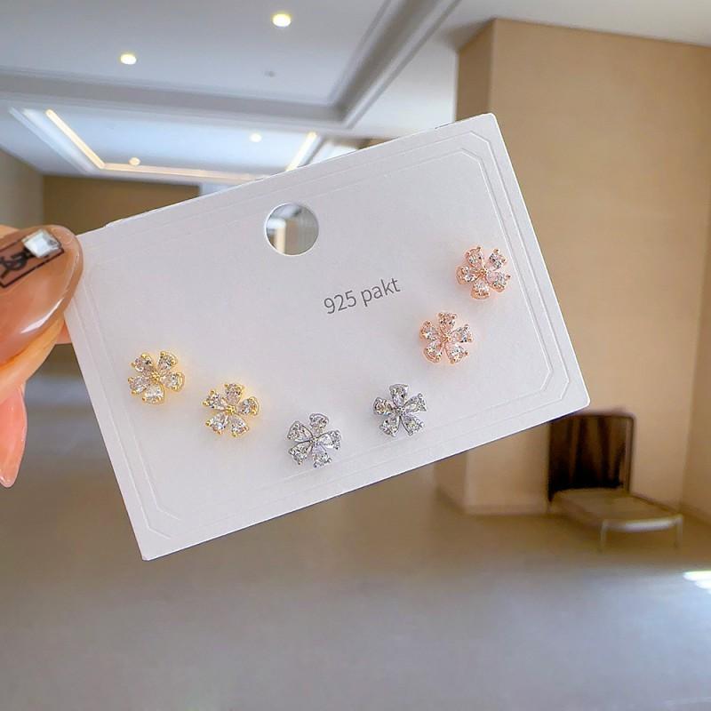 Minimalist Stud Earrings Set 3 Pairs Gold Tone CZ Geometric Floral Design Women Daily Wear