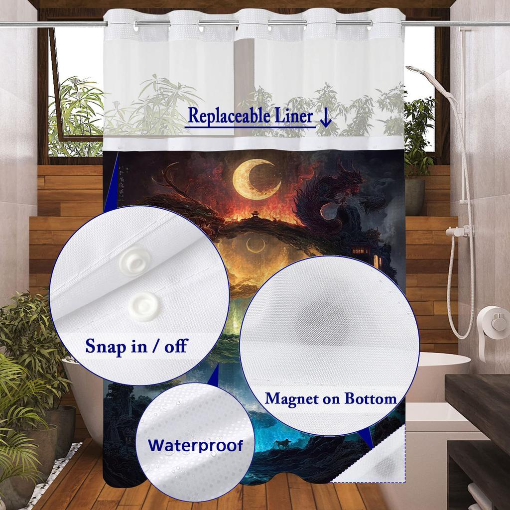 Абстрактная шторка для душа без крючков с тканевой подкладкой на кнопках, прозрачным верхним окном и водонепроницаемой двухслойной занавеской для ванны