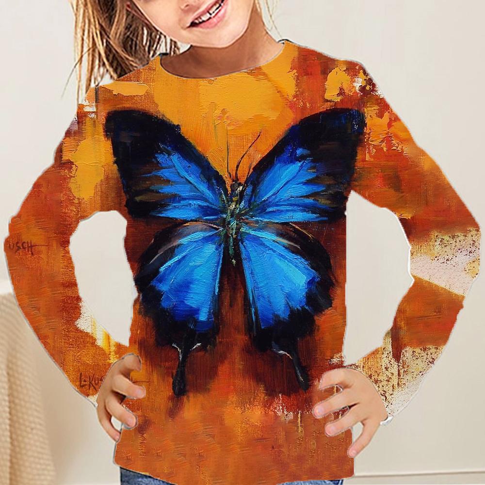 Spring and Autumn Round Neck Butterfly Pattern 3D Printed Top Fashionable Casual Long Sleeved Children's Girl T-shirts