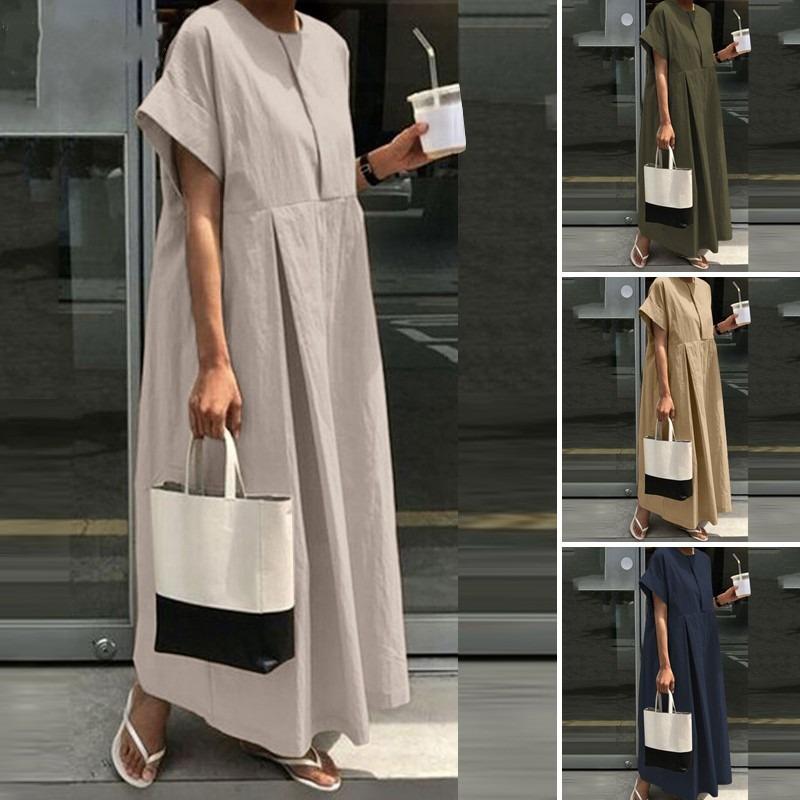 Loose Dress Crew-neck Long Skirt Temperament College Style Casual Dress for Women