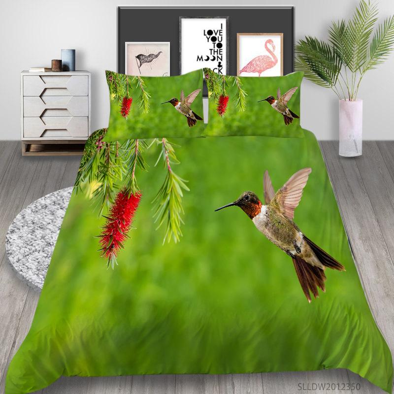 Hummingbird Duvet Cover Set King/Queen Size Small And Cute Tropical Bird Yellow Flower Green Leaves Bedding Set Women