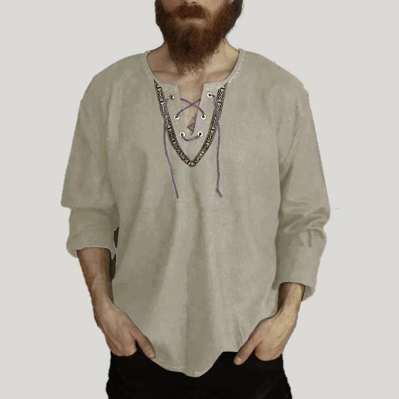 New Men's Loose Solid Color Drawstring Long Sleeve Shirt Cotton Hemp Collar Men's Shirt