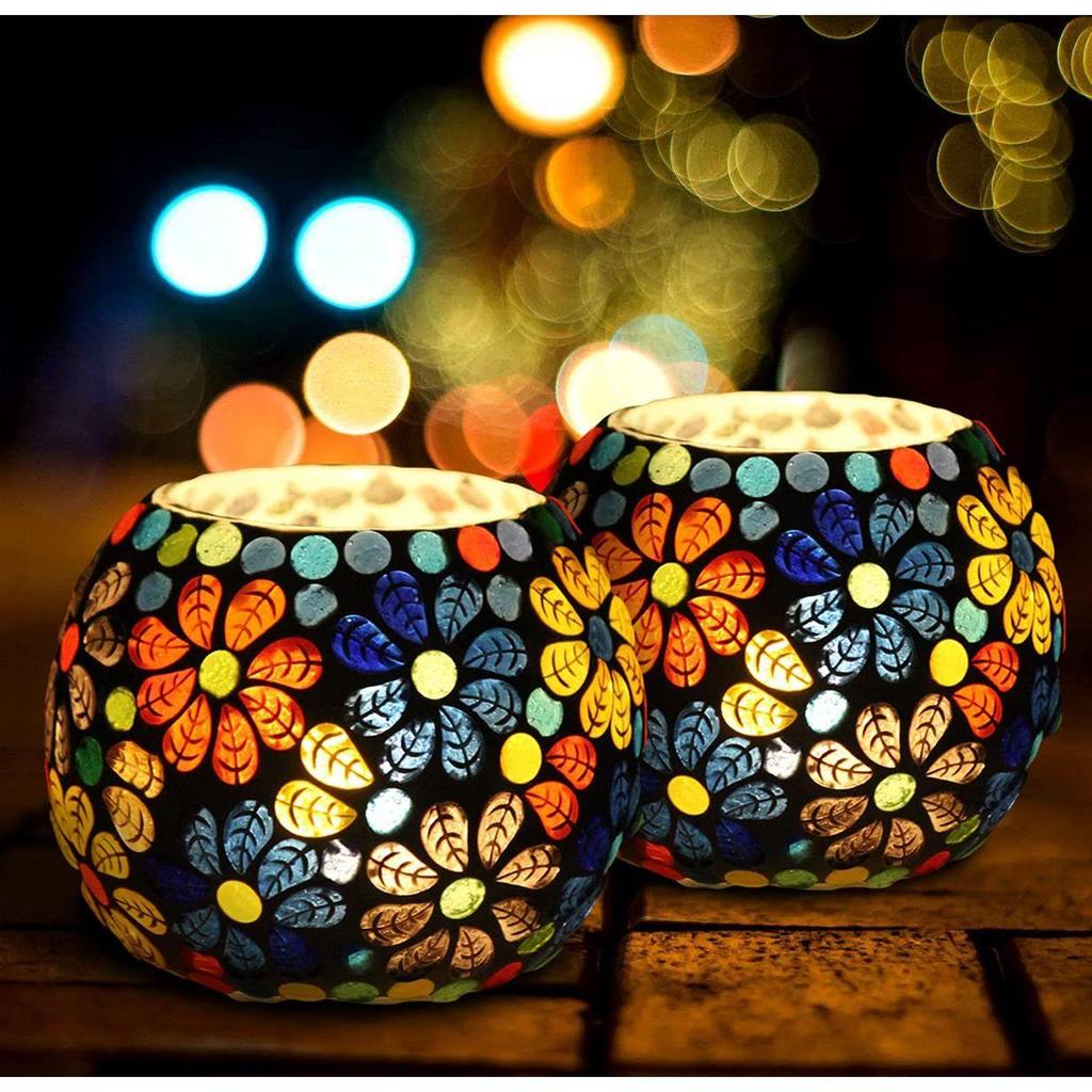 Glass Mosaic Tealight Candle Holder for Diwali Decor, Christmas Decor, Diwali Decoration - Pack of 2