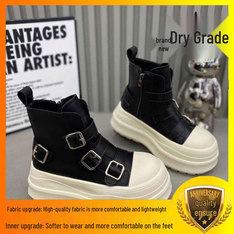 Женские мотоботы в европейском стиле из натуральной кожи с толстой подошвой и пряжкой, увеличивающие рост