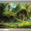 Fairy tale Green House Background - A charming forest cabin scene brimming with vibrant moss, flowers and stone paths, polyester