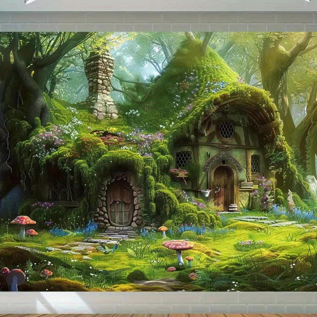 Fairy tale Green House Background - A charming forest cabin scene brimming with vibrant moss, flowers and stone paths, polyester