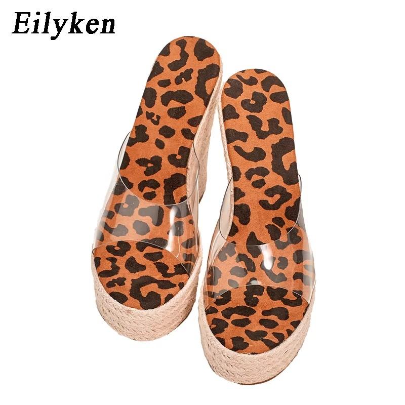 Eilyken ПВХ Прозрачные Туфли-босоножки на платформе-клине с леопардовым принтом с открытым носком Женские туфли на высоком каблуке