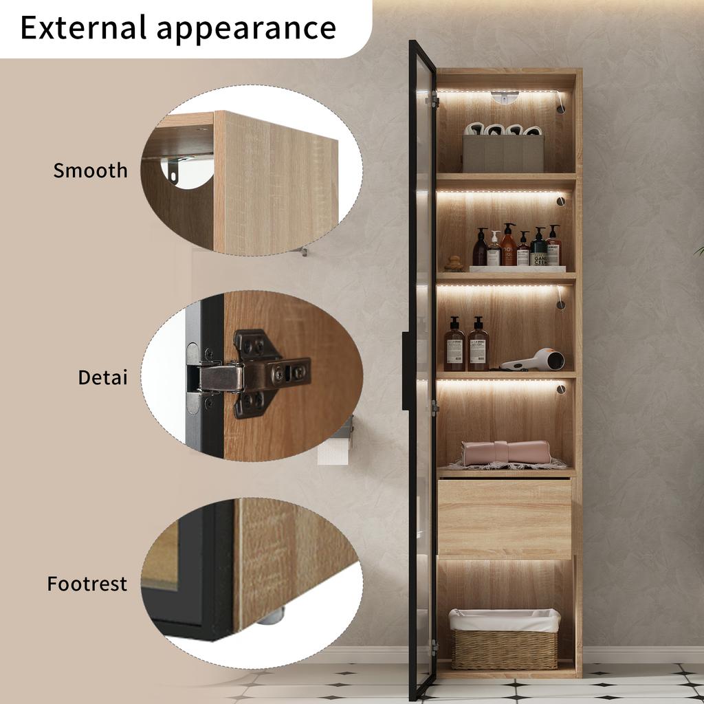 Bathroom Cabinet, Medium, with Light Strip, 40 cm Wide, with 1 Large Drawer and 1 Door, Glass Door