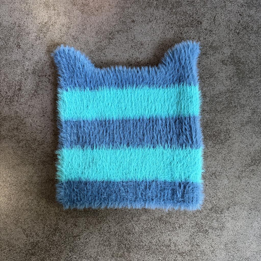 Ears Design Cats Knit Cap With Stripe Style For Daily Cold Weather Outdoor Use