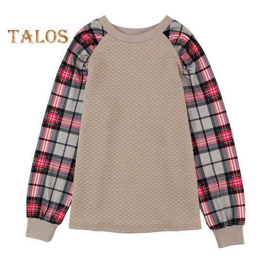 Женская толстовка осень-весна с принтом в клетку, с круглым вырезом, свободная, с длинными рукавами, с ромбовидной текстурой, повседневная одежда, спортивный топ