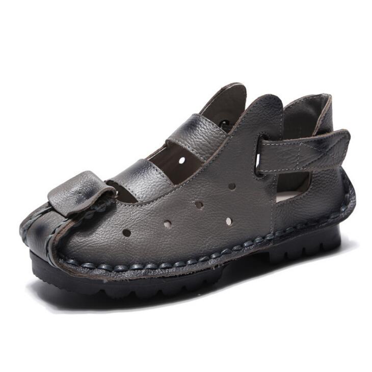 Summer Handmade Leather Genuine Retro Women Shoes Soft Flat Shoes Hollow Casual Women Sandals