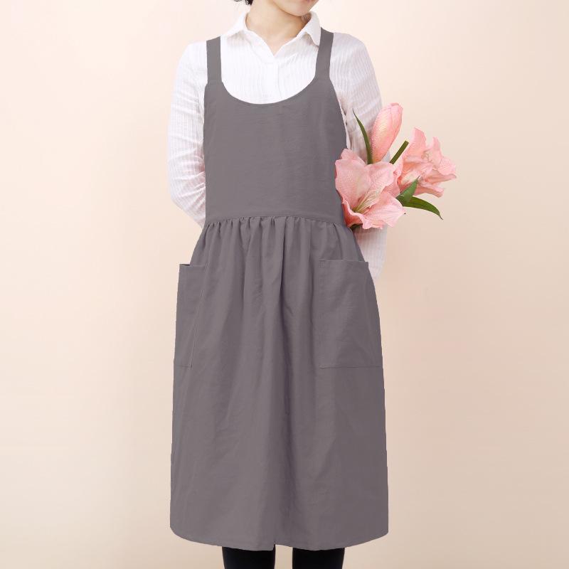 Korean Style Artistic Cotton Linen Long Kitchen Apron for Women