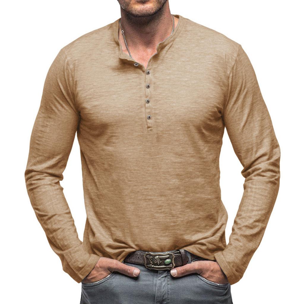 Men's Solid Color Long Sleeve T-Shirt Shirt Men's Casual Sports Top - Seven Buttons