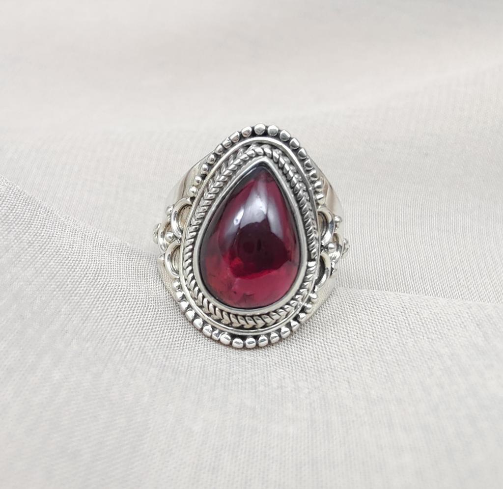 Red Garnet 925 Sterling Silver Ring: Pear Cabochon, Boho Vintage Style January Birthstone
