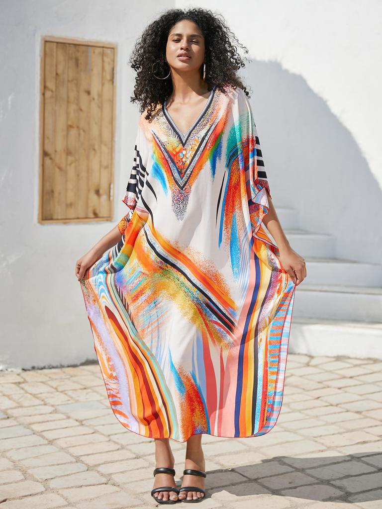 Printed Beach Dresses Viscose Kaftans for Women Summer Plus Size Loose Robe Holiday Living Room Bathing Suits