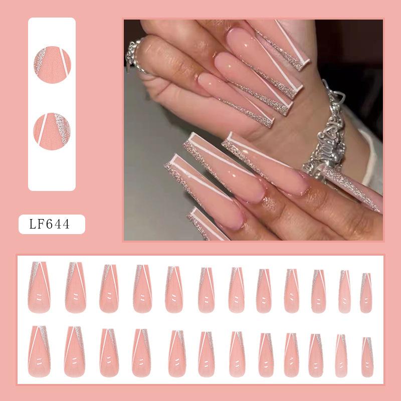 24PCS/SET Quick Nails Flower Diamond Manicure Long Ballet False Nails Waterproof Wearable Ready-made Nail Stickers
