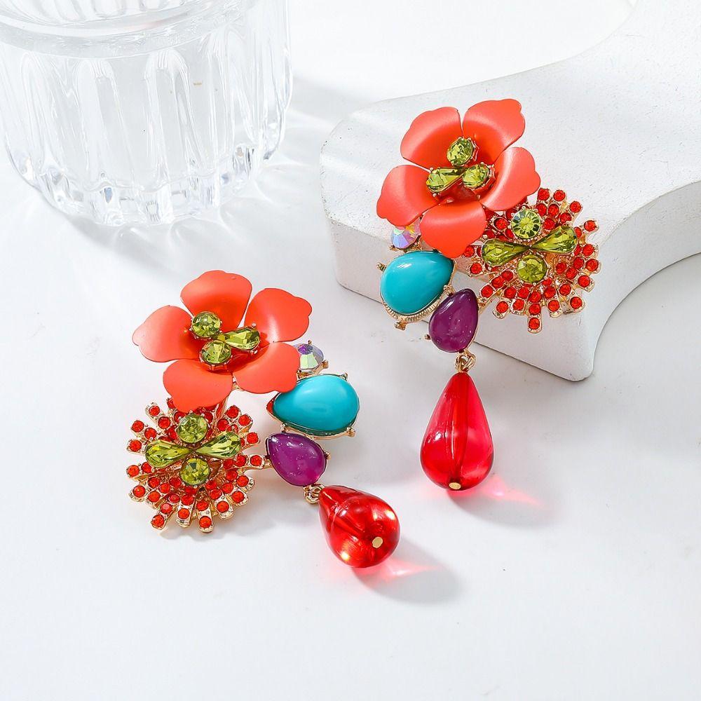 Vintage Resin Flower Earrings Beads Women Earrings Water Droplet Long Earrings  Daily Wear