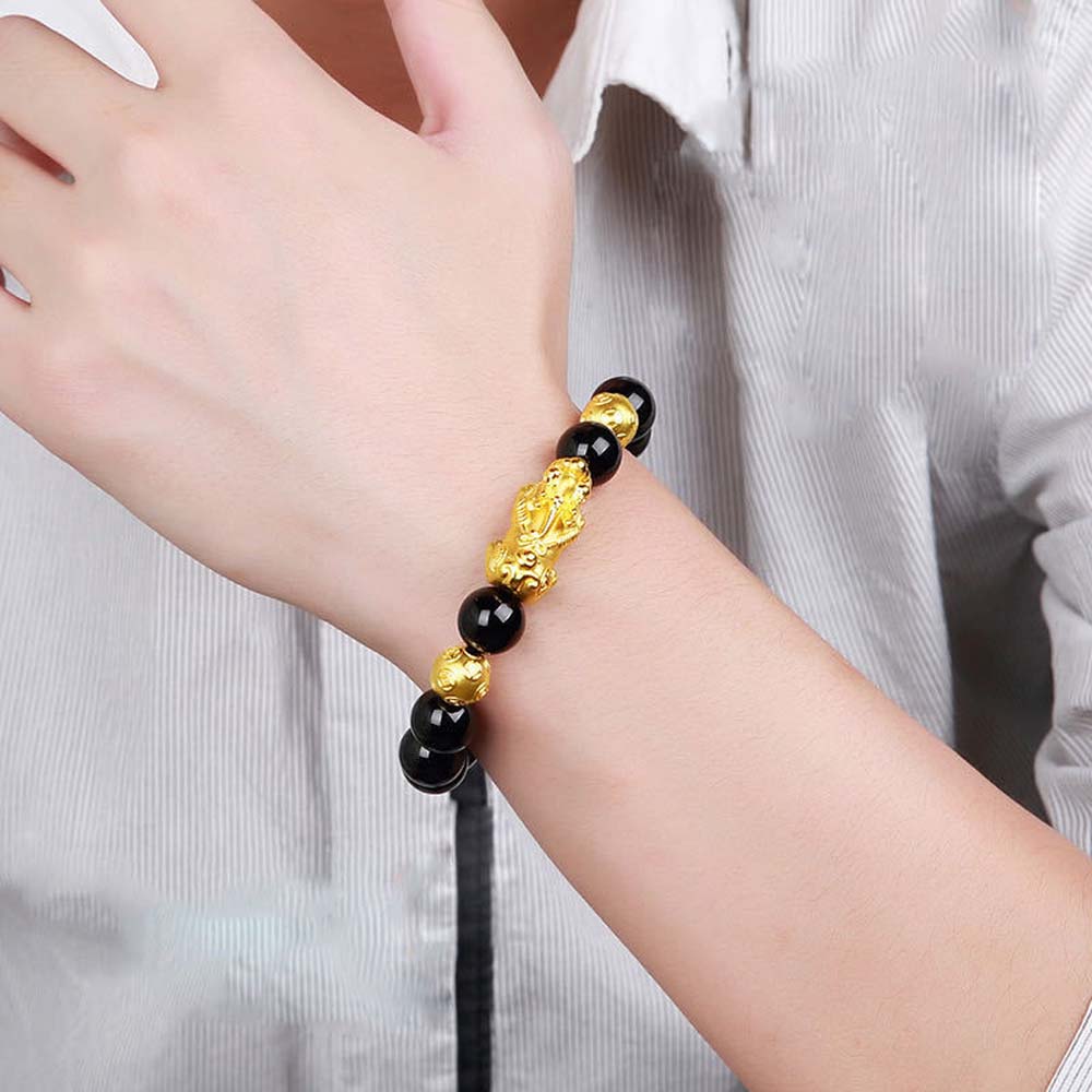 New Unisex Men Women Pixiu Attract Wealth Bracelets Wristband Good Luck Bangle Obsidian Stone Beads