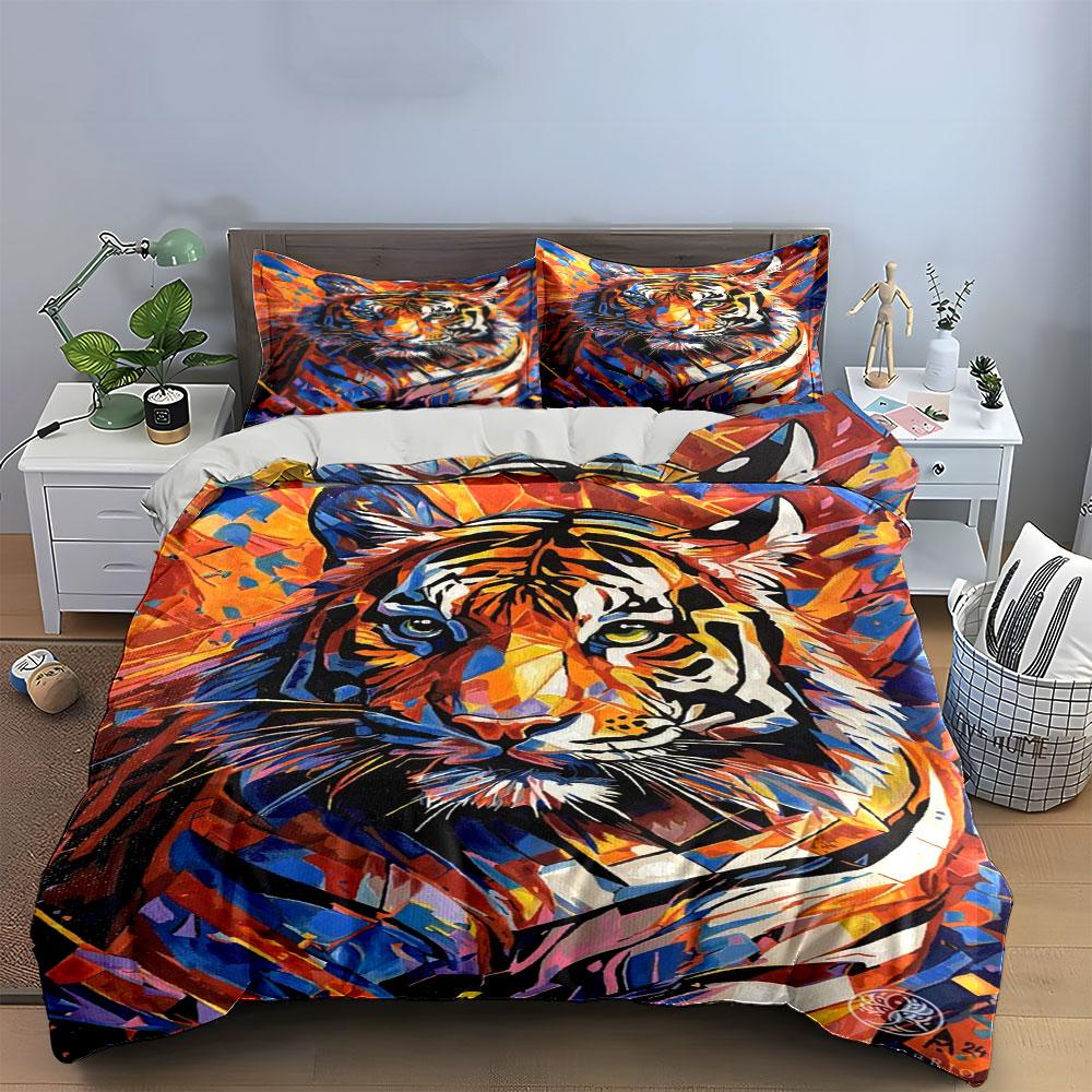Stylized multicolored tiger face. Bedding sets Duvet cover sets Duvet covers Pillowcases(1*Duvet Cover 2*Pillowcases without duvet insert)