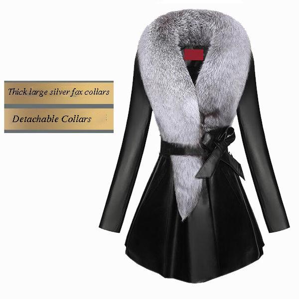 Зимний женский кожаный тренч средней длины и хлопковое пальто из тонкого искусственного меха с воротником из искусственного меха лисы