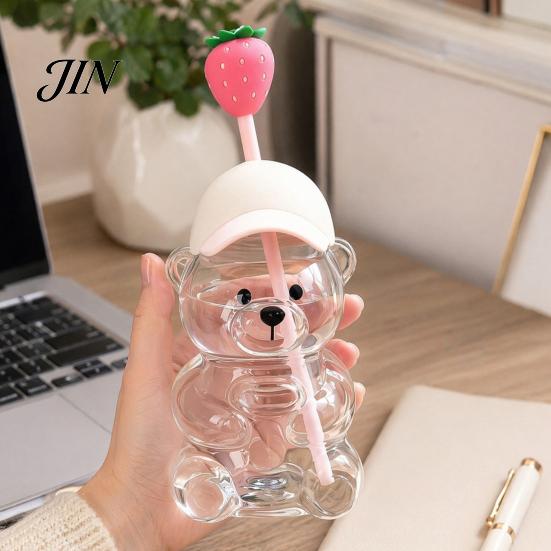 Cartoon Straw Heads Set Cute Bear Glass Cup with & Lid, 500/591ml Plastic/Glass Water Bottle for Baseball Cap Lid Cold/Hot Drinks, Pattern Coffee Mug