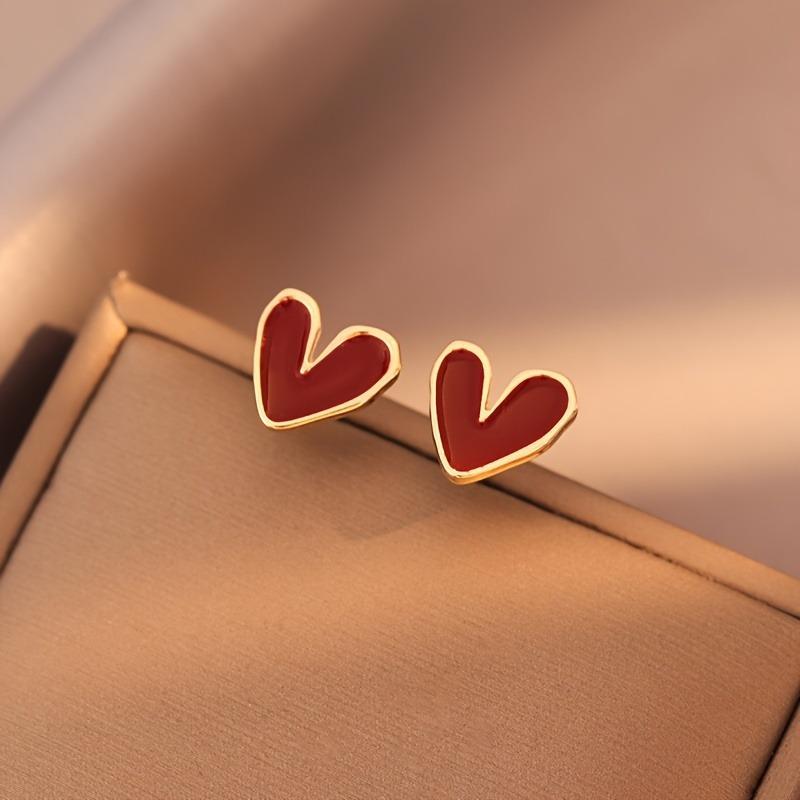 Wine Red Love Stud Earrings Female Temperament Niche Earrings Retro Little Peach Heart Earrings Ear Jewelry