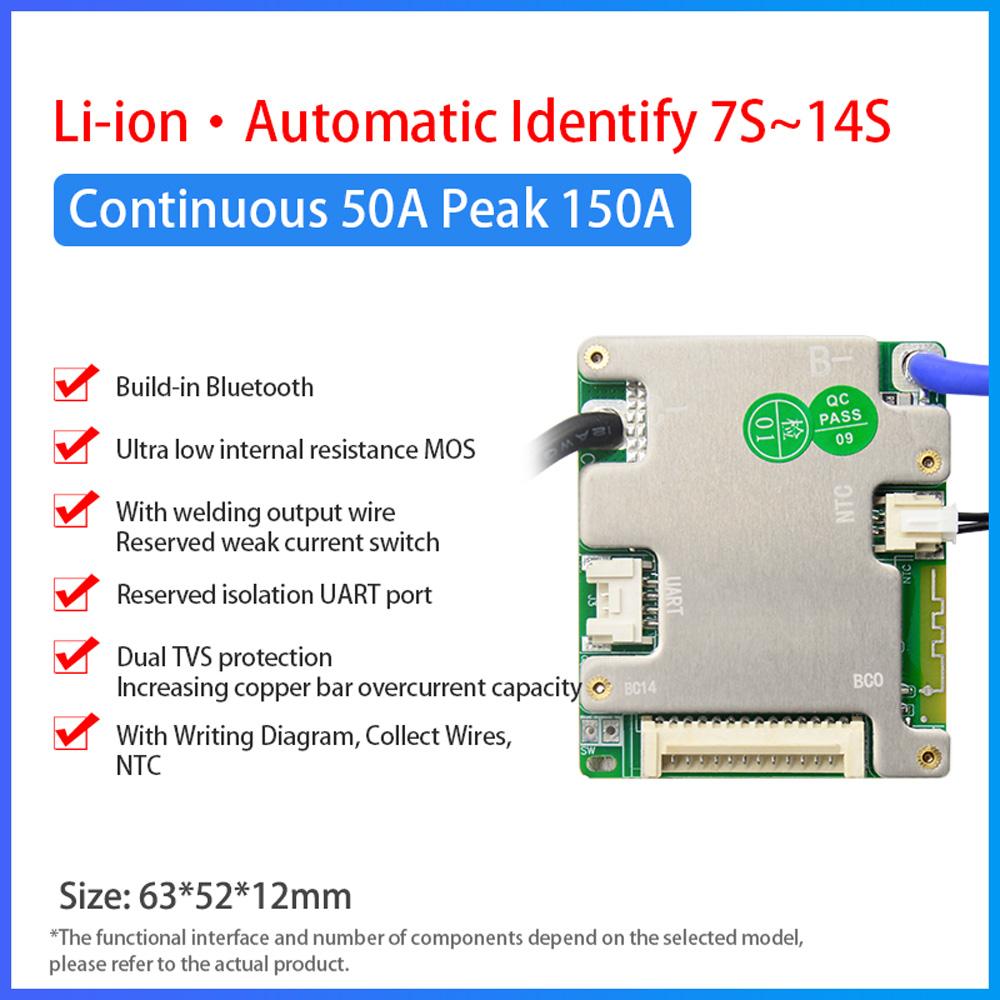 JiaBaiDa Встроенный BT 7s-14s  8S 9S 10S 11S 12S 13S 14S 20A 30A 40A 50A LFP NMC 24V 36V 48V Умная система управления батареями BMS