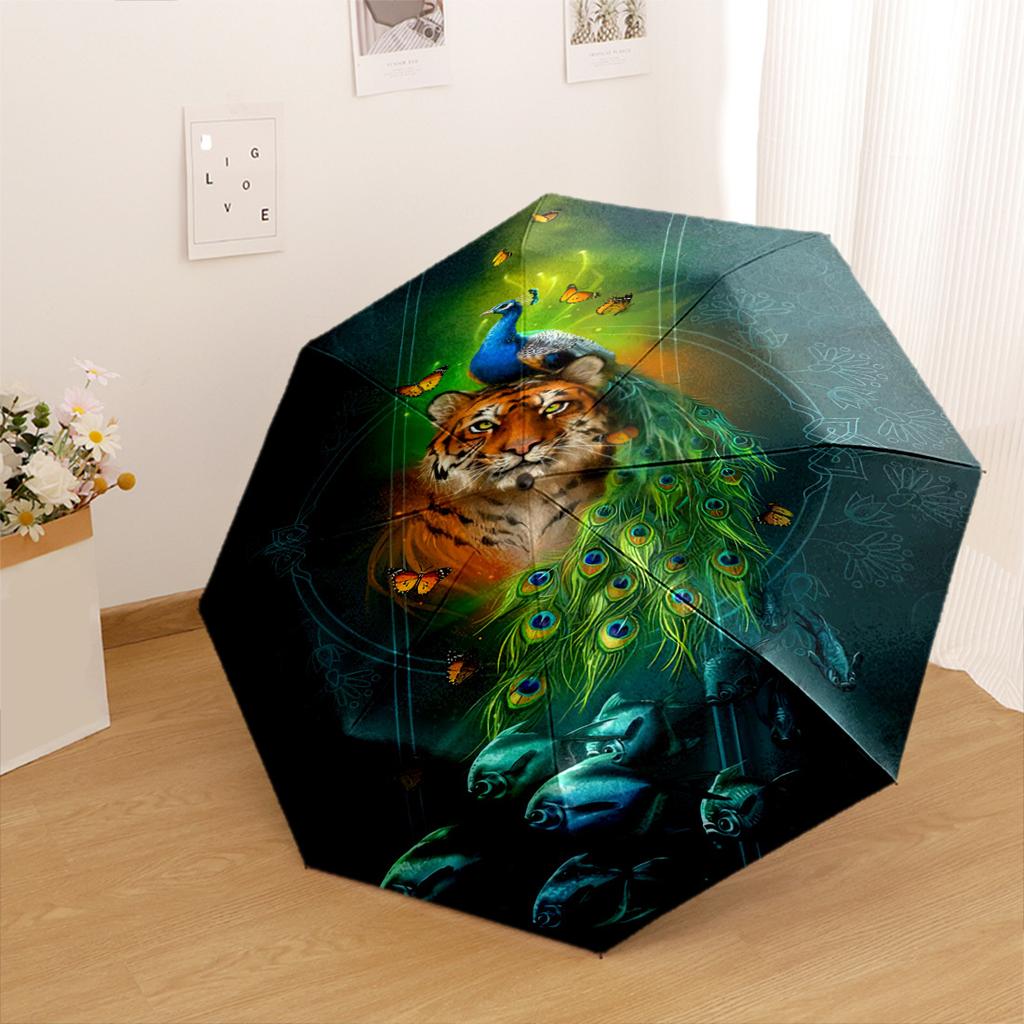 Peacock Stained Glass Art Compact Travel Automatic Umbrella With 8Rib Durable Plastic Iron For Womenmen Fashionable Wedding Party Giftt39