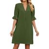 Casual Dresses - Summer Solid Color V-neck Loose Pleated Mid-sleeve Dress Women, Cross-border Casual Dress