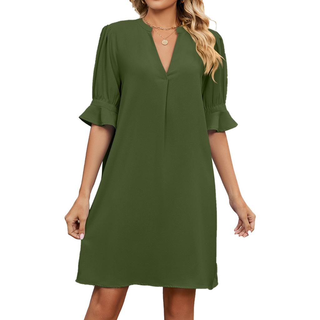 Casual Dresses - Summer Solid Color V-neck Loose Pleated Mid-sleeve Dress Women, Cross-border Casual Dress